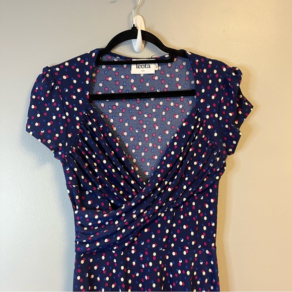 Leota Dress Blue w/ White & Pink Polka Dots Faux Wrap Dress Sz S EUC Ruffle Neck - Picture 2 of 5